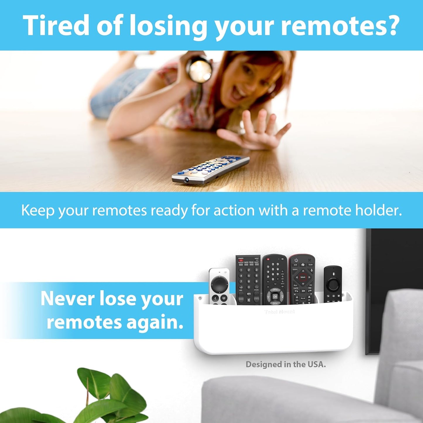 TotalMount Drop-Free Remote Holder – Removable Adhesive Strips – XL Black | Designed in the USA – Simply Put the Remotes In – No Tricky Magnet Alignment Needed (Holds 3 or 4 Remote Controls)
