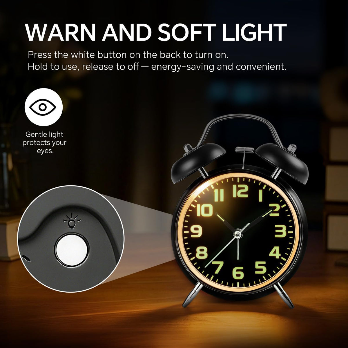 4.5" Metal Loud Alarm Clock for Heavy Sleepers Adults, Analog Battery Operated Alarm Clock with Bells Glow in Dark Numbers, Silent Old School Bedside Desk Clock for Bedroom Office Kids, Black