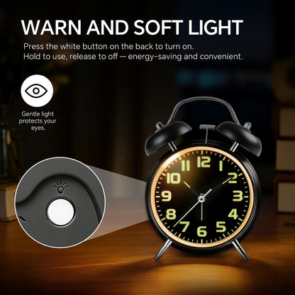 4.5" Metal Loud Alarm Clock for Heavy Sleepers Adults, Analog Battery Operated Alarm Clock with Bells Glow in Dark Numbers, Silent Old School Bedside Desk Clock for Bedroom Office Kids, Black