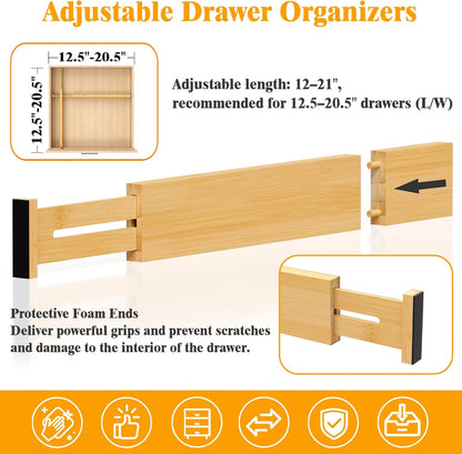Bamboo Drawer Dividers, 12-21 Inch Kitchen Adjustable Drawer Organizers | Expandable Dresser Separators for Clothes, Ideal for Kitchen, Bathroom, Vanity, Office Organization and Storage, 4-Pack