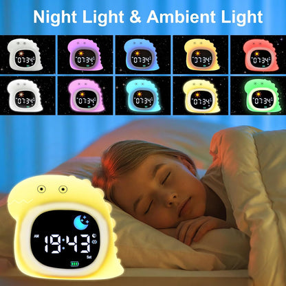 Kids Alarm Clock, Sunrise Alarm Clock with Night Light, LED Display Bedside Clock with Sleep Music Soothing Sounds, Snooze Function, 12/24H, 6 Adjustable Brightness for Bedroom, White Bear