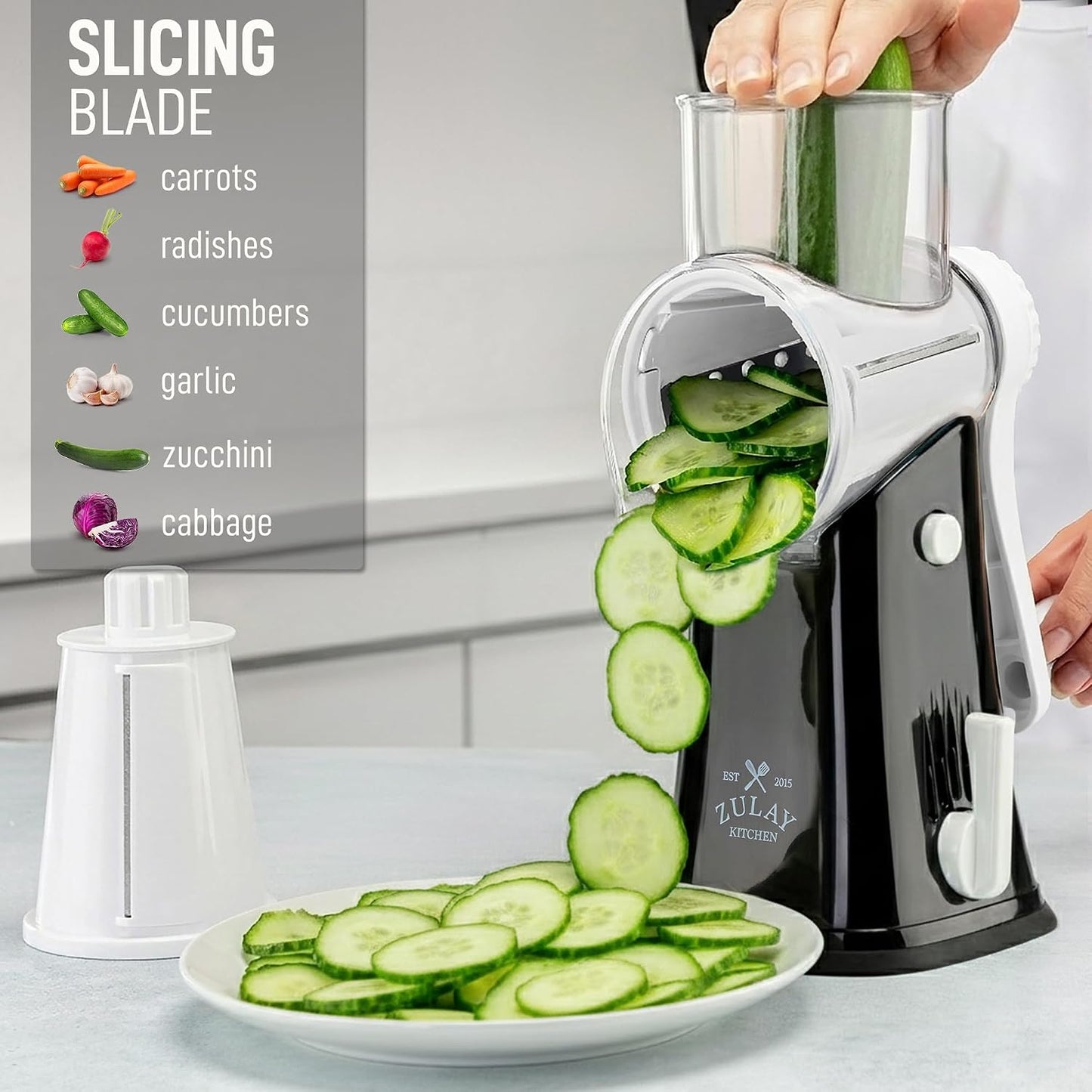 Zulay Kitchen Rotary Cheese Grater 5 Blade Cheese Shredder - Manual Hand Crank Cheese Grater With Reinforced Suction & 5 Interchangeable Drums - Easy to Use, Vegetable Chopper Round Mandoline Slicer - Colors B