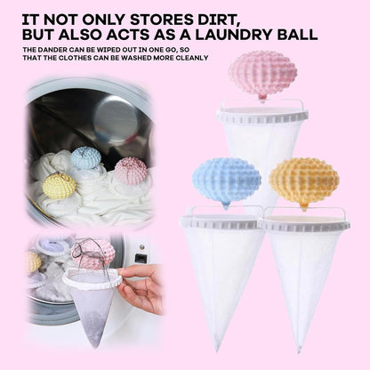 3-Pack Pet Hair Remover for Laundry, Floating Mesh Washing Machine Catchers | Reusable floating mesh catchers help collect loose pet hair and lint during washing; includes yellow, pink and blue pieces.