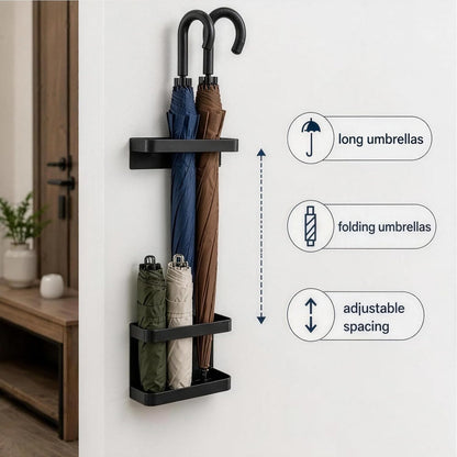 Metal Wall Mounted Umbrella Storage, Umbrella Holder for Entryway, Space Saving Wall Umbrella Rack with Built In Water Tray, Black Metal Umbrella Organizer for Home Office Foyer