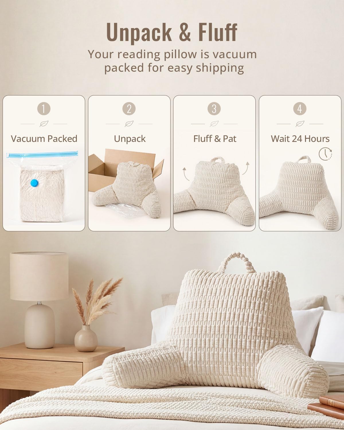 Blissful Diary Reading Pillow, Backrest Pillow with Shredded Memory Foam for Adult & Children, Designed for Bed and Couch Sitting Up, Includes Arms, Pockets and Washable Cover, Off White