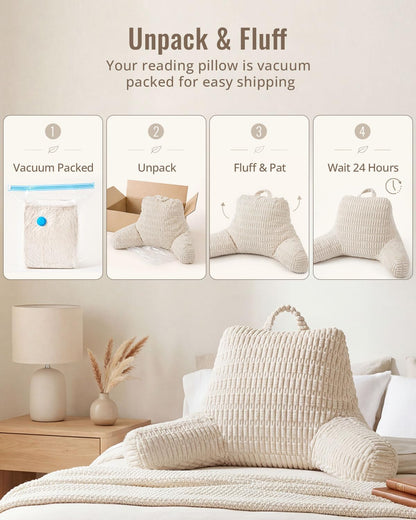 Blissful Diary Reading Pillow, Backrest Pillow with Shredded Memory Foam for Adult & Children, Designed for Bed and Couch Sitting Up, Includes Arms, Pockets and Washable Cover, Off White