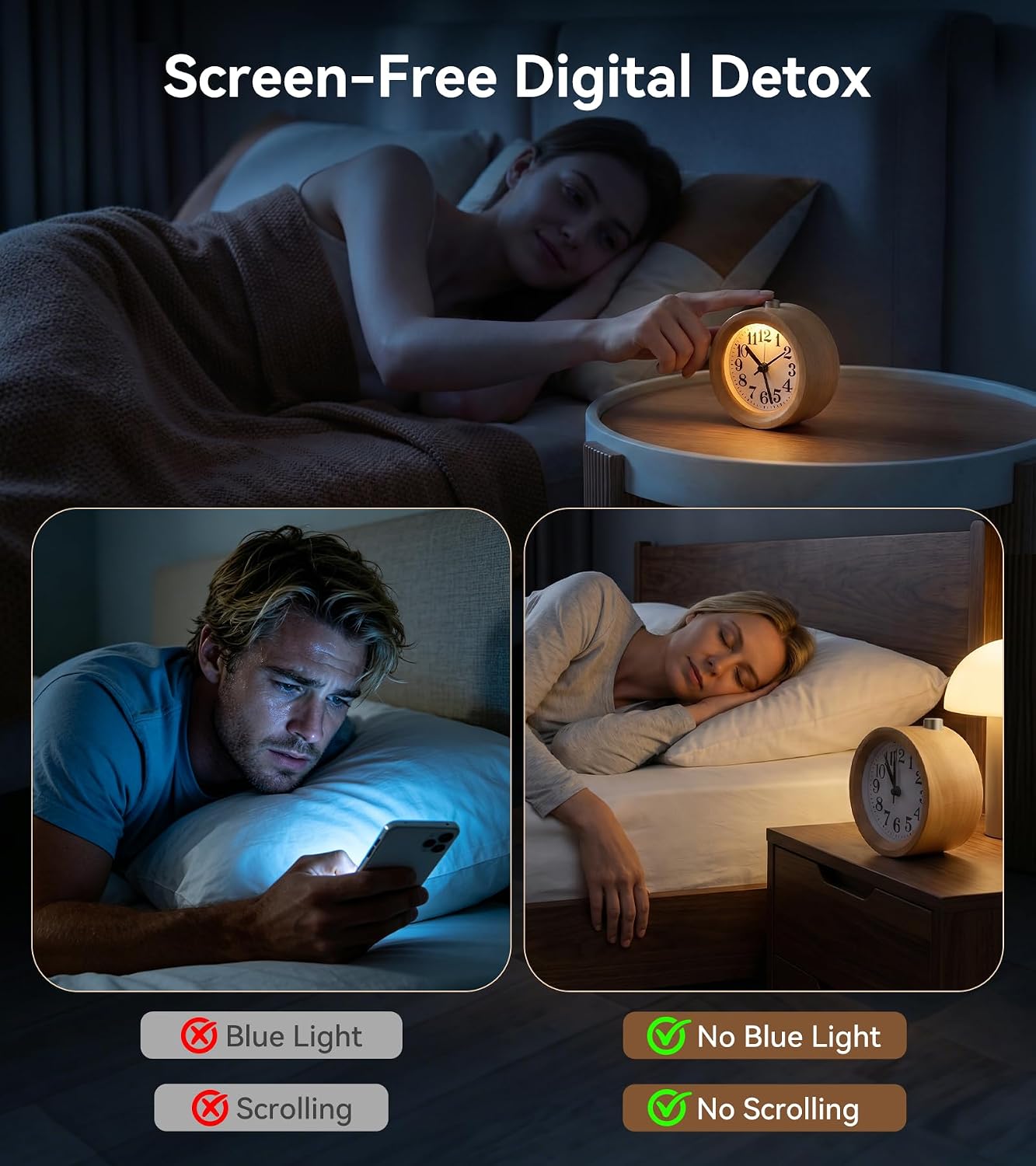Wood Analog Alarm Clock: Silent Non-Ticking for Quiet Bedrooms | Small Battery Operated Natural Wooden Design - Warm Night Light Shows Time on Demand & 5-Minute Snooze Makes Mornings Easier