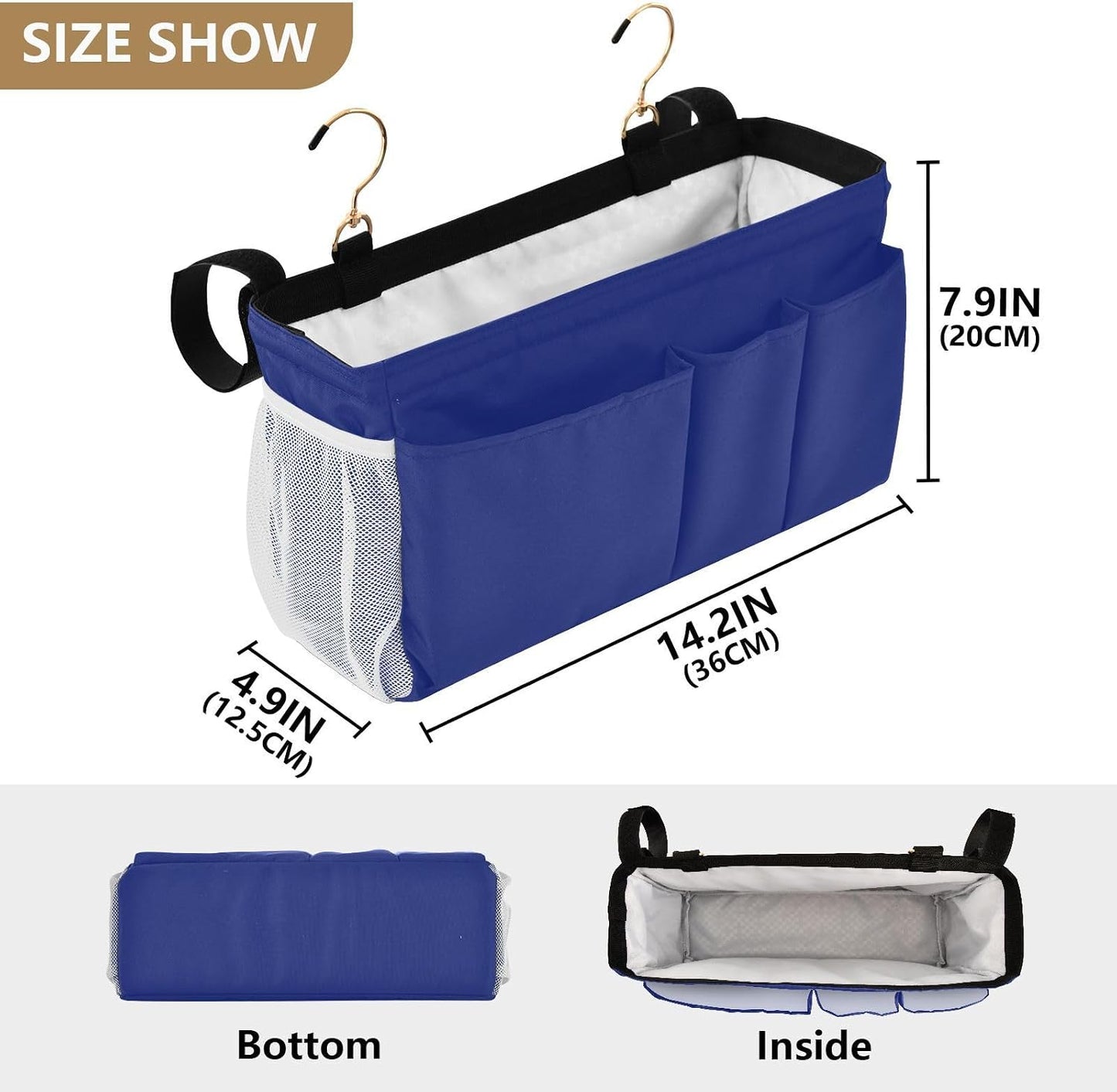 Black Bedside Caddy Storage Bag Bedside Organizer for Bed Rails College Dorm Room Organizer Caddy Hanging Shelf 6 Pockets with Hooks for Drinks Magazine Phone Holder
