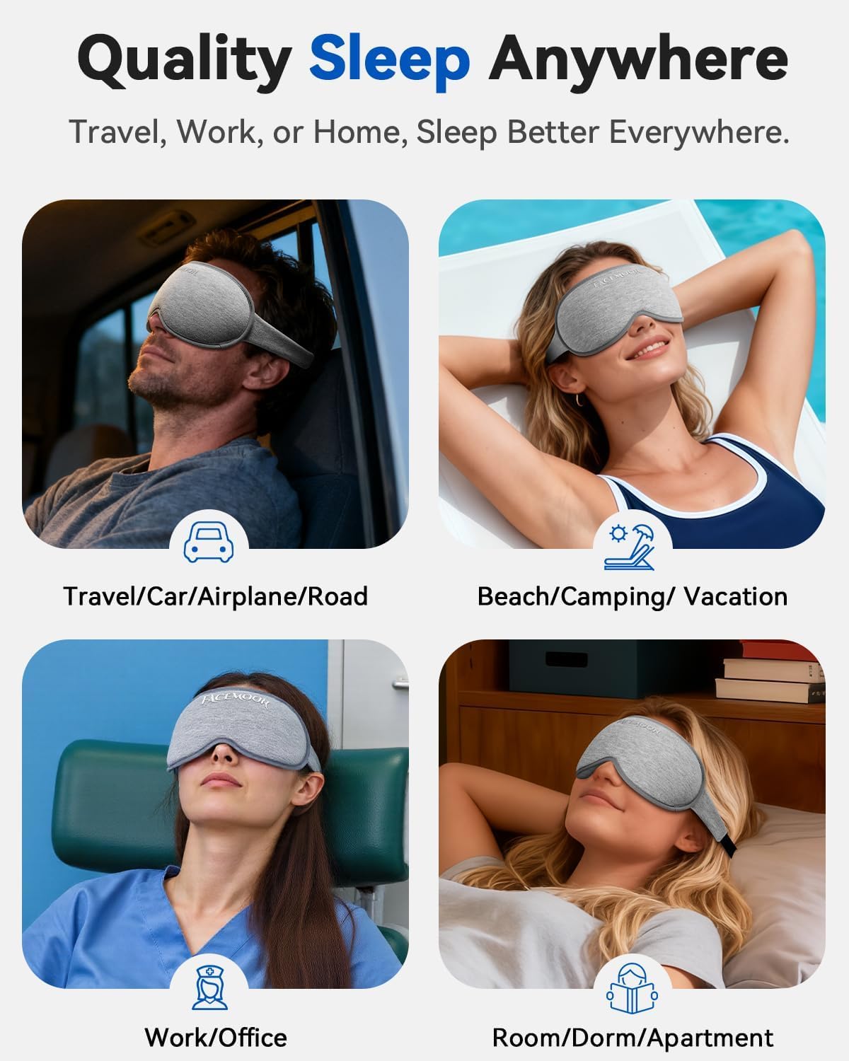 FACEMOON 3D Blackout Weighted Sleep Mask, Airplane Travel & Nurse Essential