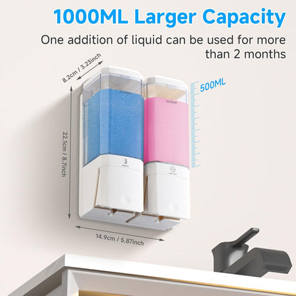 GlintGath Shower Dispenser 3 Chamber No Drill Wall Mounted Shampoo Conditioner Body Wash Dispenser, Large Capacity 1500ML, Black