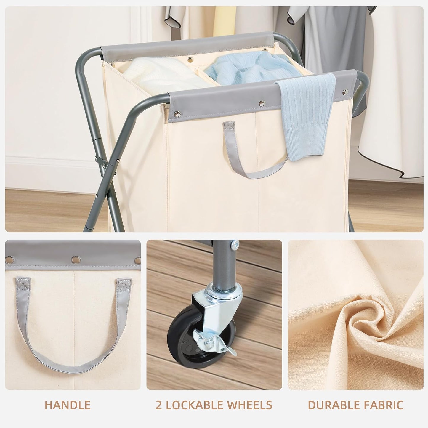 STORAGE MANIAC 160L Collapsible Laundry Hamper with Wheels, Rolling Laundry Basket, Heavy Duty Cloth Sorter with Removable Bag, Folding X Frame Clothes Organizer Cart for Easy to Store, 3 Section