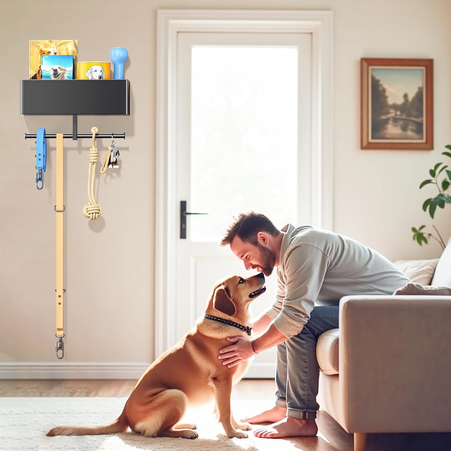 Dog Leash Holder for Wall, Dog Leash Hooks, Wall Mounted Leashes Hangers, Dog Storage Organizer, Key Holder with Storage Shelf, Pet Stuff Organizer for Pet Toys, Collar, Treats, Poop Bag (Black)