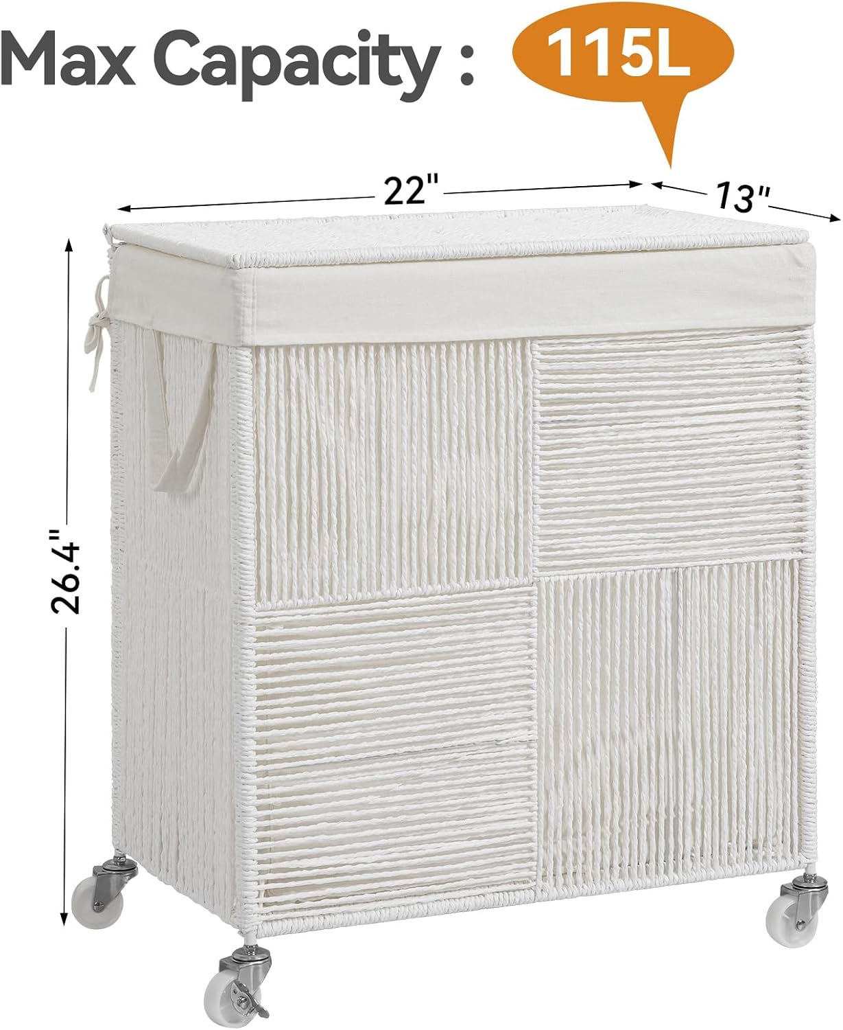 WOWLIVE Double Laundry Hamper with Wheels, Handwoven Rolling Laundry Basket | 115L Dirty Clothes Hamper with Lid, Removable Liner Bag, Large Capacity Laundry Sorter Laundry Room Organization, Green