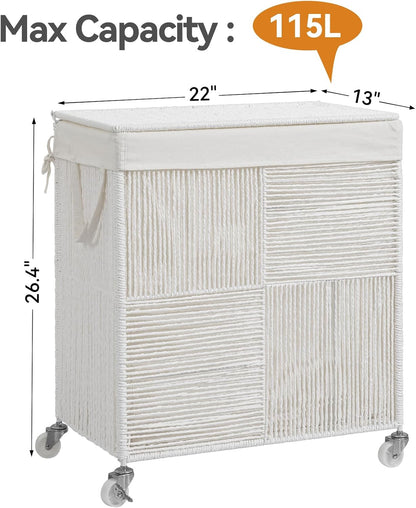 WOWLIVE Double Laundry Hamper with Wheels, Handwoven Rolling Laundry Basket | 115L Dirty Clothes Hamper with Lid, Removable Liner Bag, Large Capacity Laundry Sorter Laundry Room Organization, Green