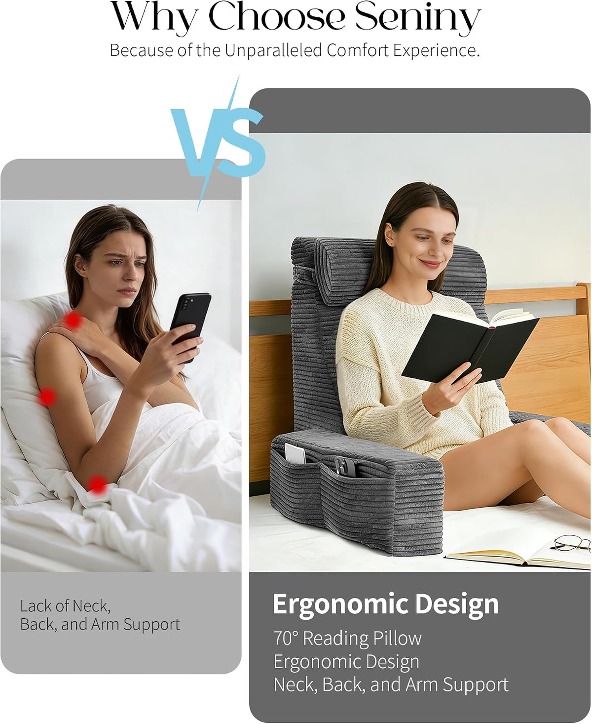 Seniny 22" Reading Pillow for Bed Adult - Back Support Pillow for Sitting Up Rest, Husband Bed Chair and Backrest Pillow with Arms, Lounge Sit Up Pillows for Dorm, Corner, Couch, Study, Watching TV