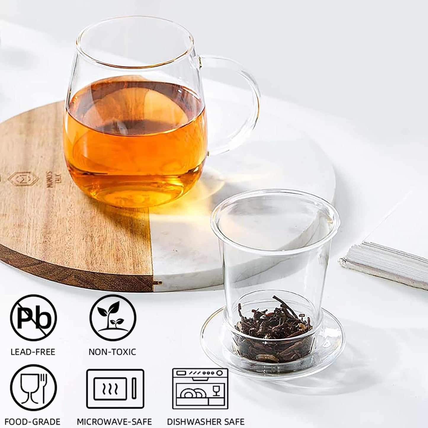 Glass Tea Infuser Cup with Lids and Handle for Blooming & Loose Leaf, 14oz | Borosilicate, Heat Resistance, Lead-free, Microwave & Dishwasher Safe