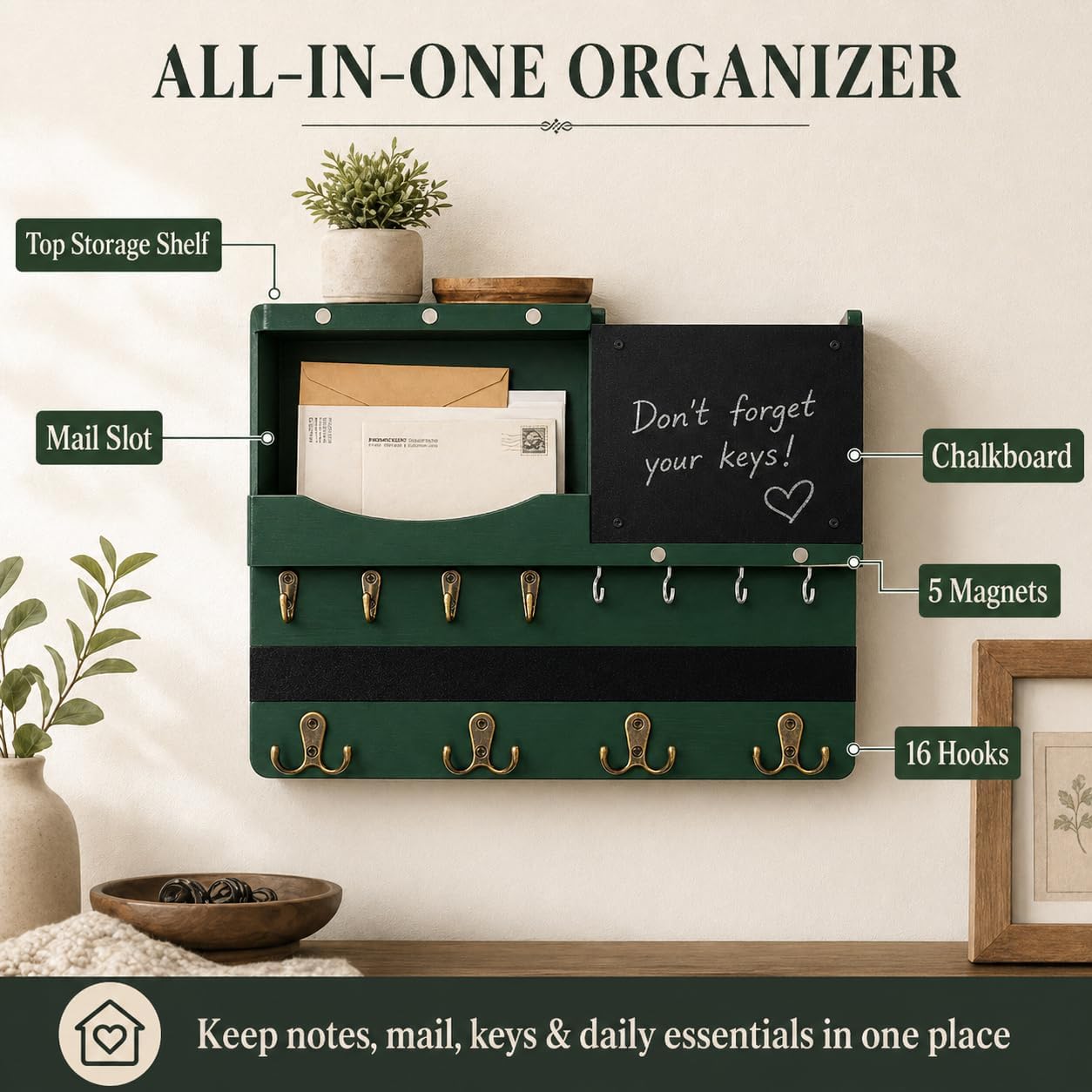 Key Holder for Wall Mount with Shelf and Mail Organizer, Key and Mail Holder with 16 Hooks, Farmhouse Entryway Organizer, Home Decor Rack (Pine Wood, White Washed)