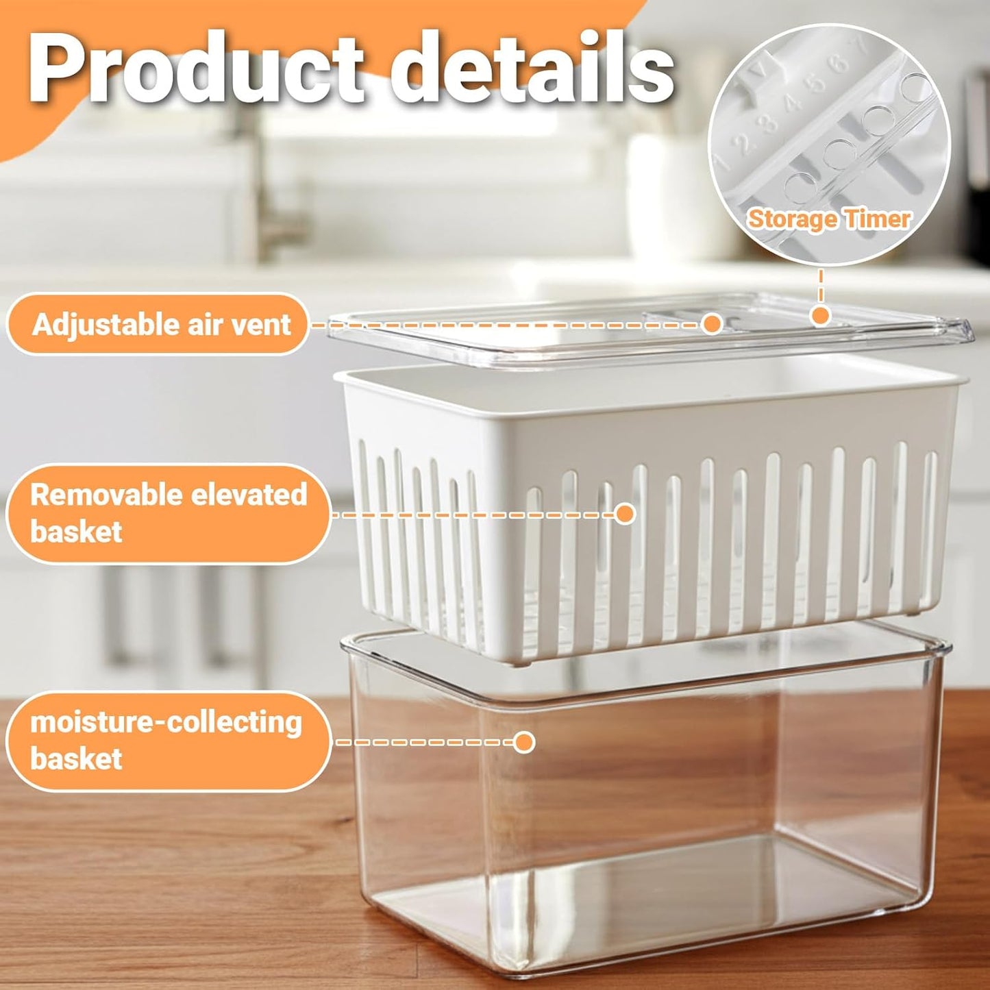 2 Pack Berry Containers for Fridge, Large Produce Saver with Removable Colander, 3.42 Quart Fruit Storage Container Keeps Strawberries, Blueberries, Vegetables Fresh, Built-in Date Tracker