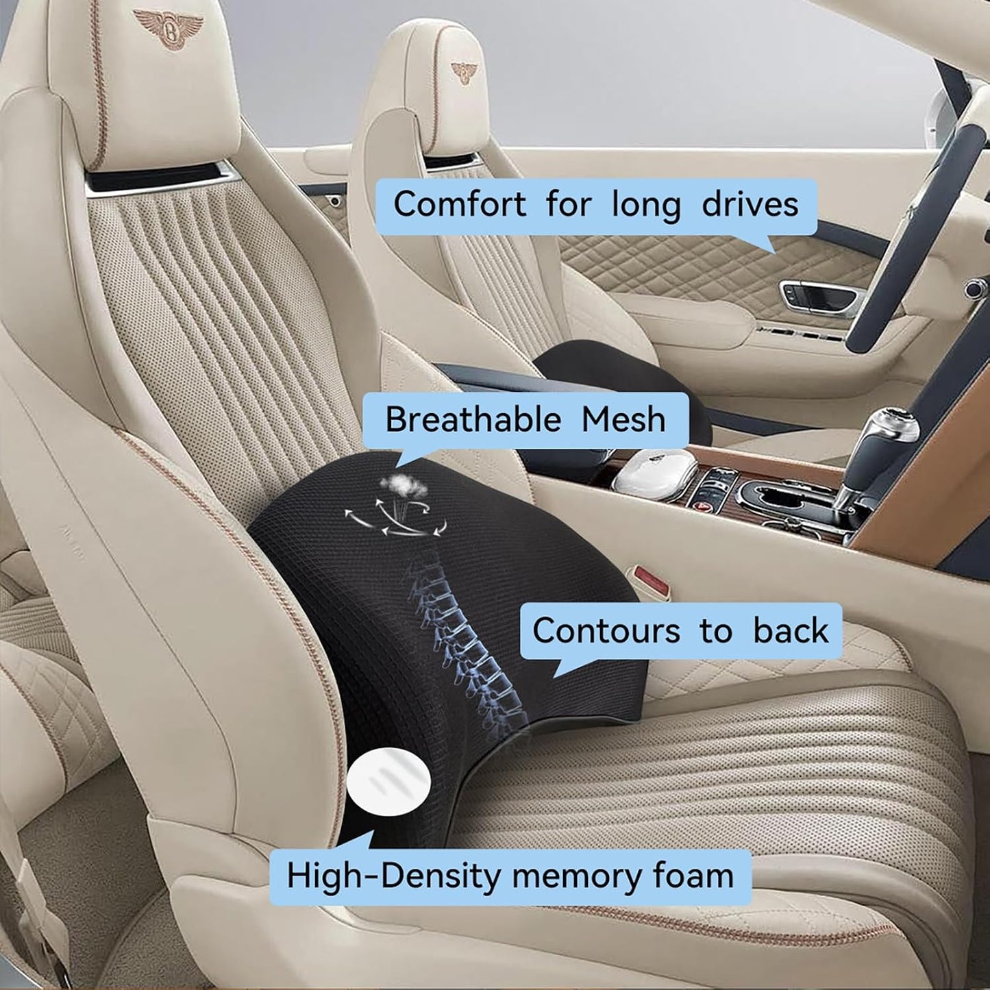 Super Cozy Lumbar Support Pillow for Car/Office Chair, 100% Memory Foam | Lumbar Pillow with Breathable Removable Cover, Ergonomic Design - Back Support for Back Pain Relief(Adjustable Strap, Black)