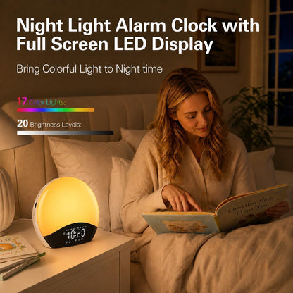 JALL Full Screen Dimmer Sunrise Alarm Clocks for Bedrooms, Wake Up Light with FM Radio, 25 White Noise Sleep Sounds, Bluetooth Speaker, Dual Alarms Bedside Clock for Heavy Sleepers
