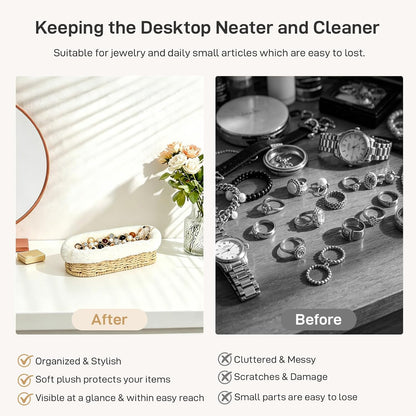 Glasses Holder, Paper Rope Plush Lined Eyeglass Holder Stand, Jewelry Key Tray Storage Organizer for Nightstand, Desk