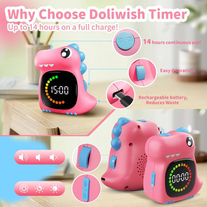 Pink Dinosaur Visual Timer for Kids, Girls Potty Training Timer | Color Countdown, Rechargeable, LED Screen, 99 Minute, Toddler, Children, Transition, 2-Min Toothbrush Setting, Hand Washing