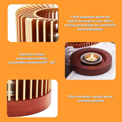 Inmorven Teapot Warmer, Aluminum Tea Warmer with Wooden Base, Candle Heater for Heating Tea, Coffee, Milk, Food,Camping and Traveling, Suitable for All Teapots-S