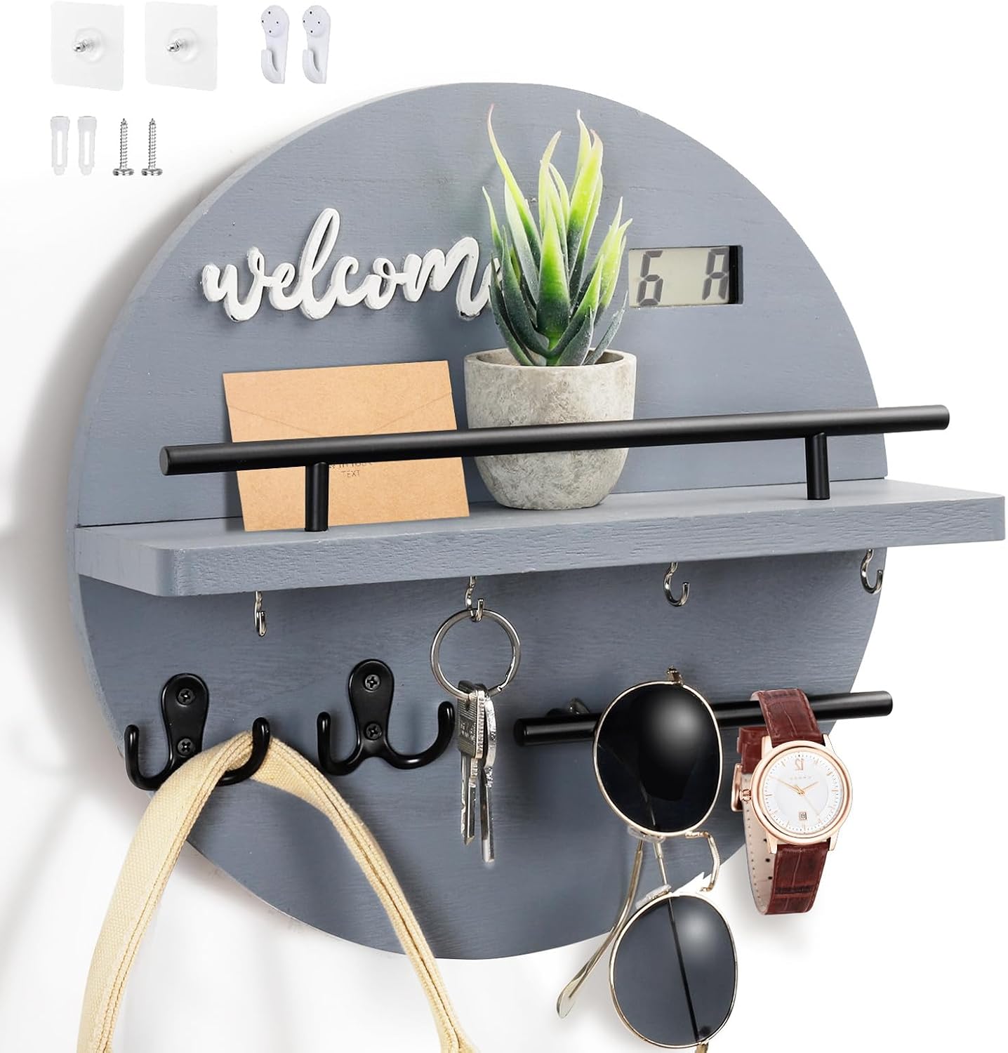 Key Holder for Wall, Key and Mail Holder Organizer with - Key Holder Wall Mount - Round Wooden Rustic Home Decor for Entryway, Mudroom, Hallway, Kitchen Office (Black)