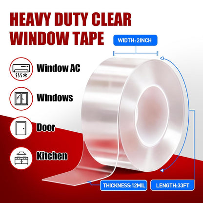 Clear Window Tape 2inx 33ft, Window Sealing Tape No Residue, Transparent Window Insulation Tape for Window Draft Stopper, Door Gap, Glass,Window Screen Fix,Outdoor Indoor Window Temporary Repair