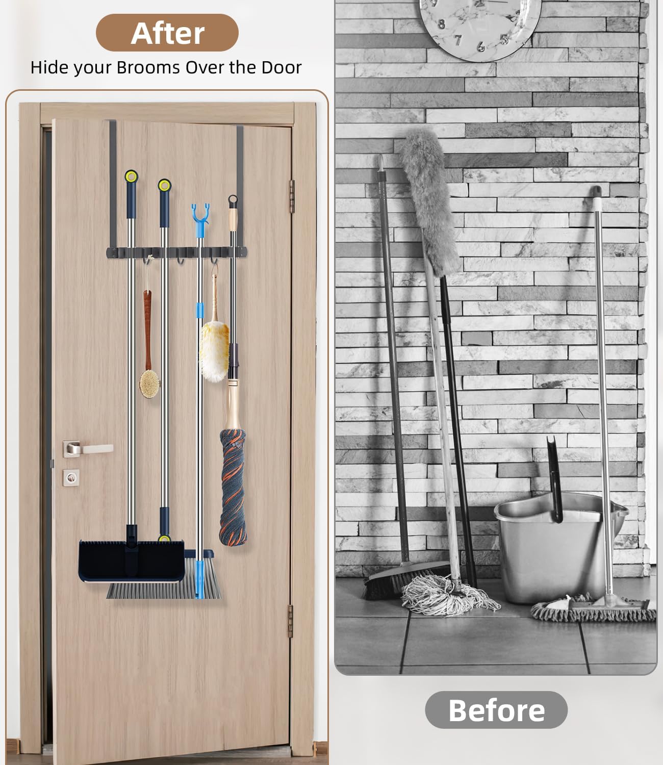 Broom Holder Over The Door with Hooks -304 Stainless Steel (Black) | Save Space, Anti-Rust & Sturdy, Mop and Broom Holder Wall Mounted or Hanging Over The Door, for Garage Laundry Kitchen