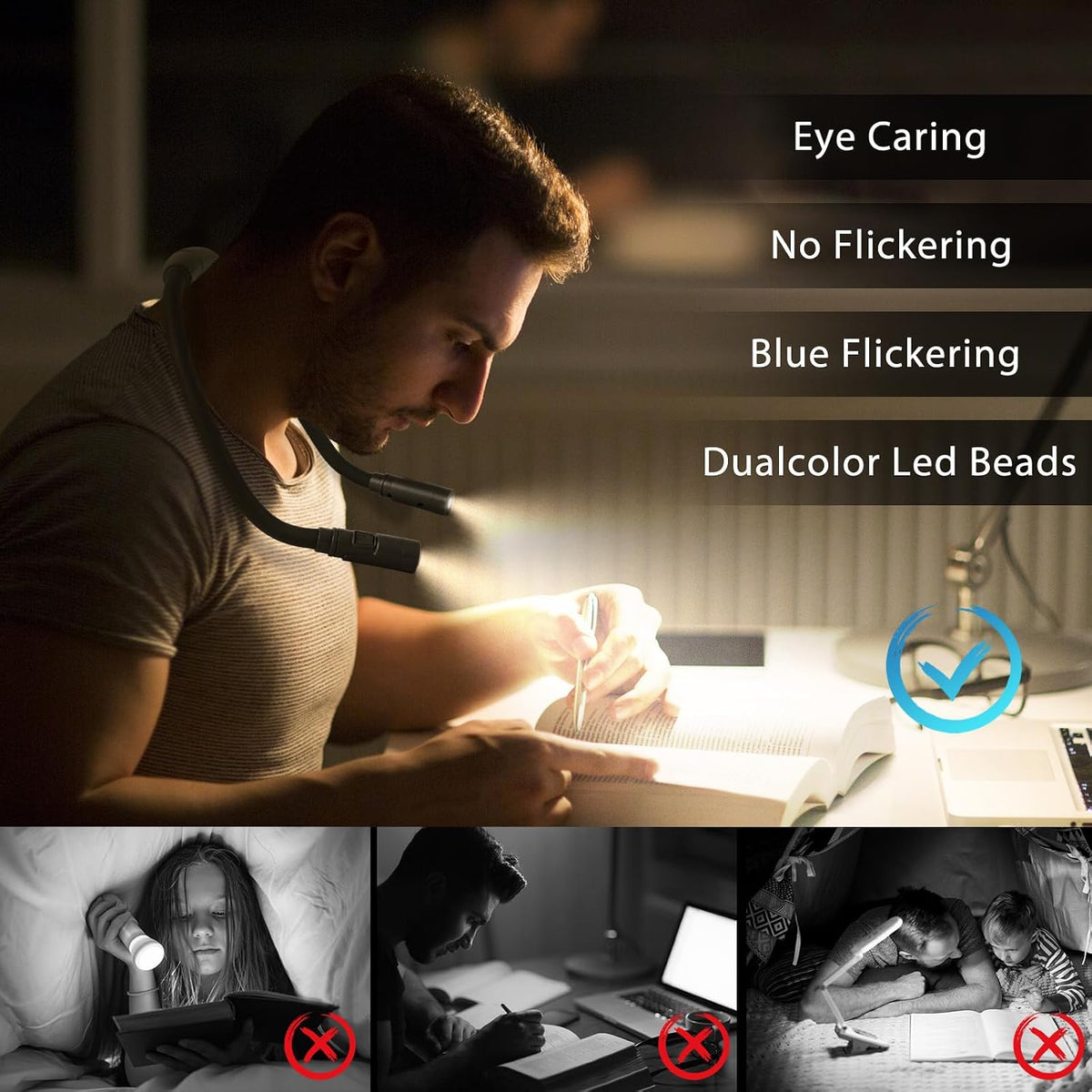Rechargeable Hands-Free Neck Light with 3 Adjustable Color Modes, Black