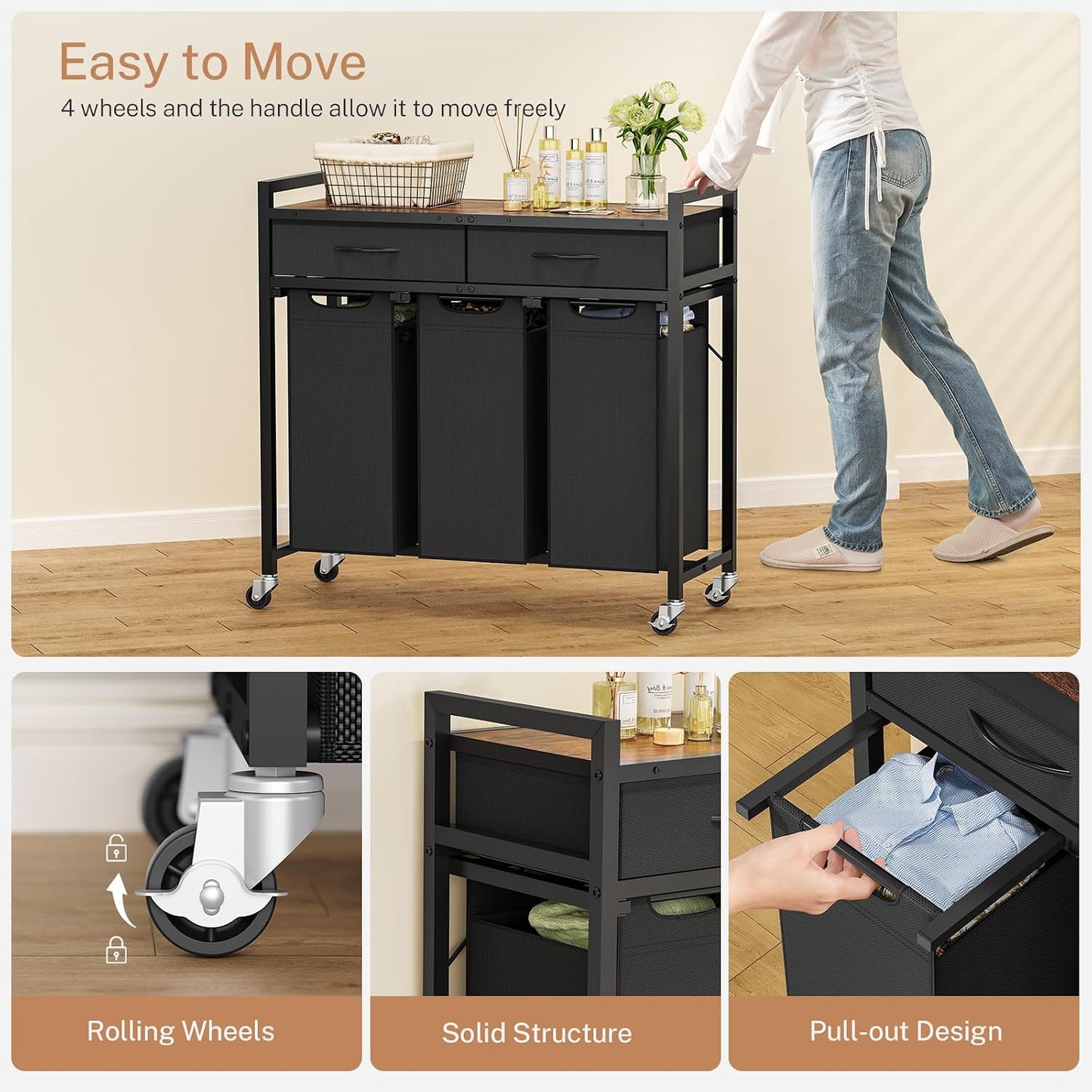 Laundry Sorter 3 Section, 120 L Laundry Hamper with 2 Drawers & 2-tone Top Panel, Rolling Laundry Basket Organizer with Pull-Out Removable Oxford Fabric Bags for Laundry Room Organization UNZYL006BVV3