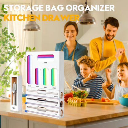 9 in 1 Foil and Plastic Wrap Dispenser with Cutter, Black Bamboo Ziplock Bag Organizer for Drawer - Holds Gallon, Quart Bags & Aluminum Foil/Wax Paper, Wall Mountable Kitchen Storage