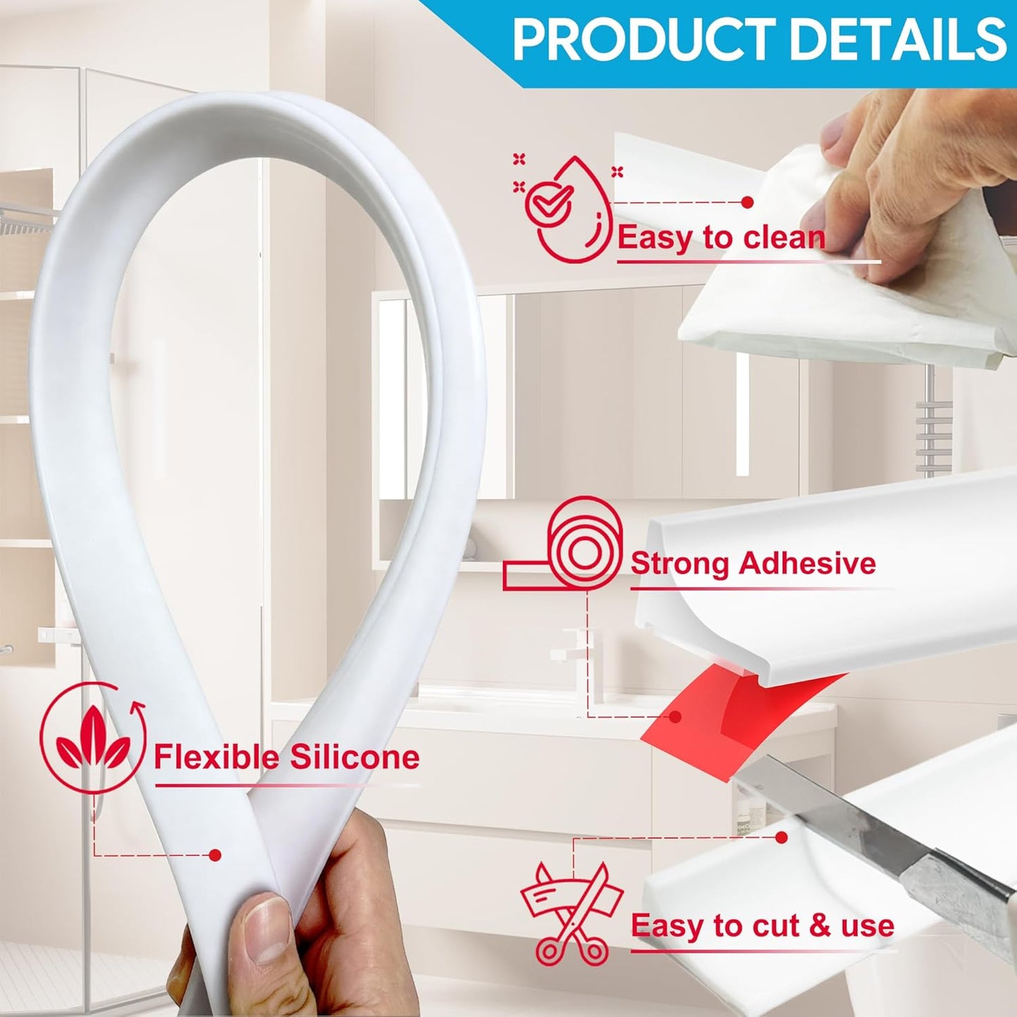 39Inch Shower Threshold Water Dam, Self-Adhesive Silicone Shower Barrier Water Stopper Shower Door Bottom Seal Strip Shower Splash Guard for Bathroom Kitchen Bathtub
