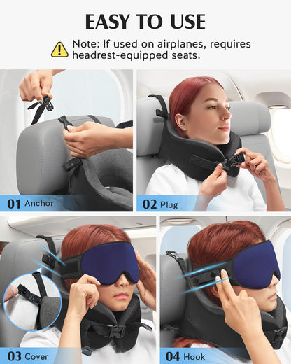 YFONG Travel Pillow with Head Support & Sleep Mask for Long Flights, Black | Patented 360° Support System, Prevents Bobbing, Airplane Head Strap, 3D Eye Mask, Memory Foam Neck Pillow, Travel Essential