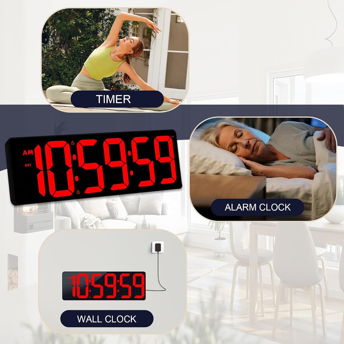 TXL 17.2" Bluetooth Digital Wall Clock with Seconds, Large Countdown Timer for Classroom Home Gym Kitchen Office, Alarm Clock with Remote Control, 4 Dimmable Brightness, Auto DST (RGB)