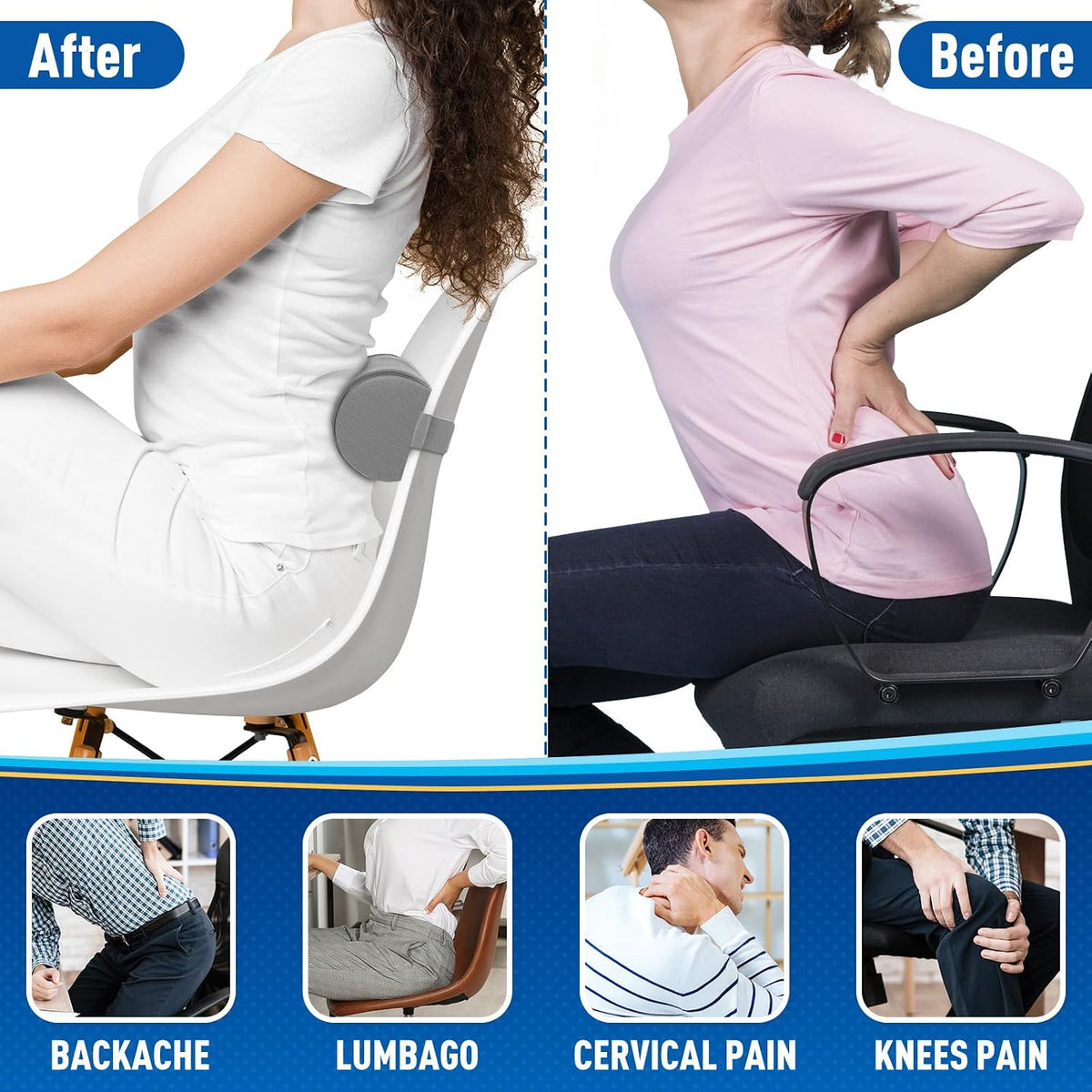 CushZone Lumbar Roll Support Pillow, Memory Foam Back Cushion, Black