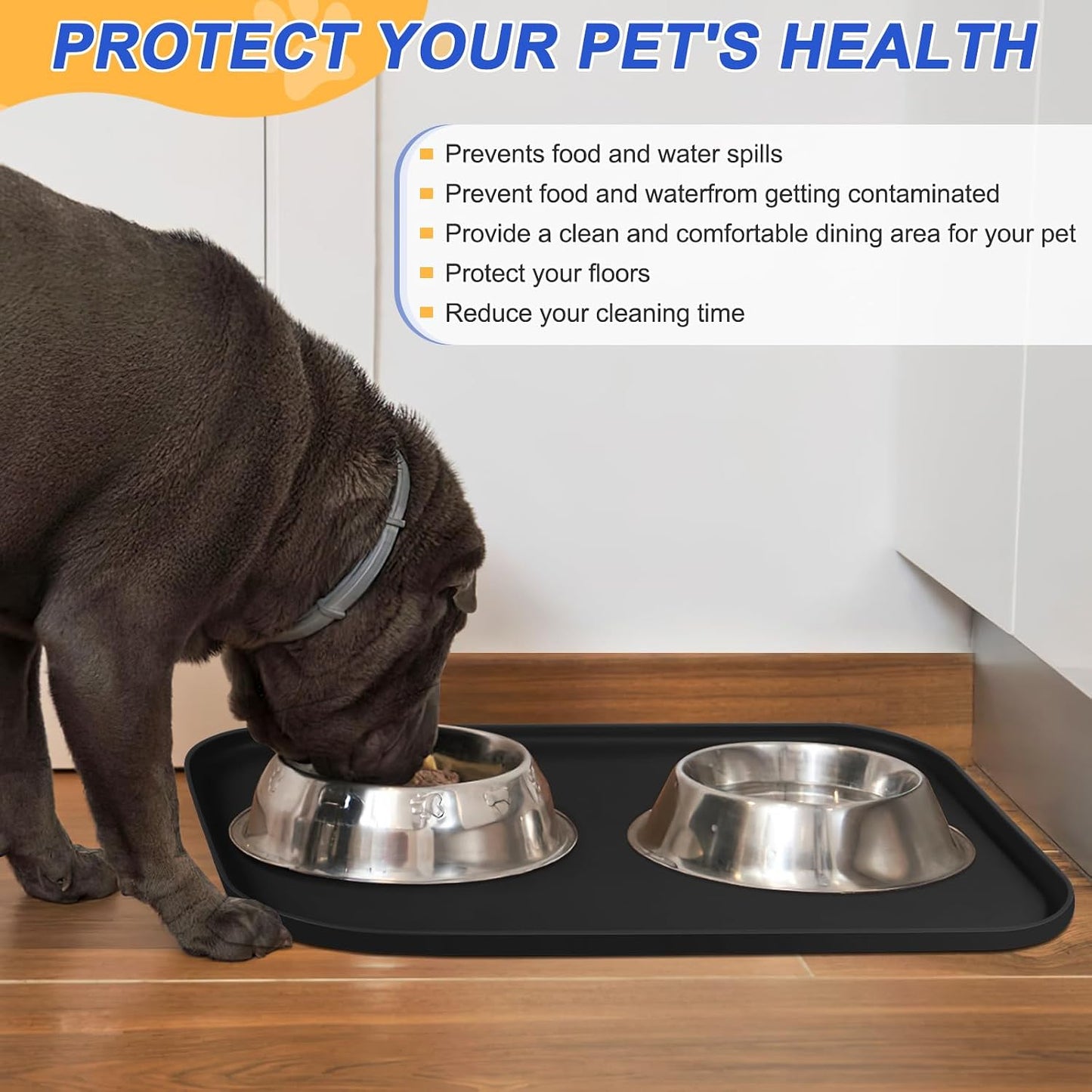 SMILOOL Waterproof Silicone Pet Food Mat with Raised Edge for Dog & Cat | 19" x 12" Non-Slip Pet Feeding Mats with Lip for Food & Water Bowl, Food Grade, Easy Cleaning, Black