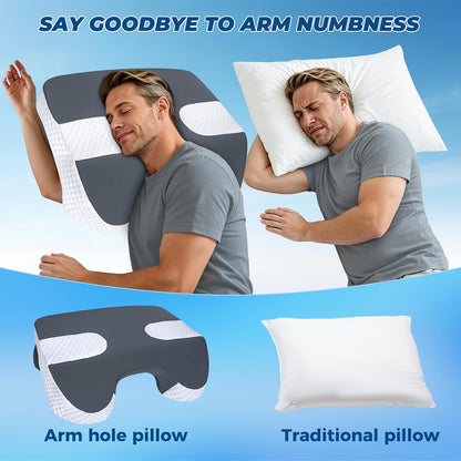 SAHEYER Side Sleeper Pillow with Arm Holes, 2 in 1 Shoulder Relief System for Rotator Cuff Pain, Memory Foam Pillow for Adults with 3 Arm Place Hole - for Side, Back and Stomach, Black