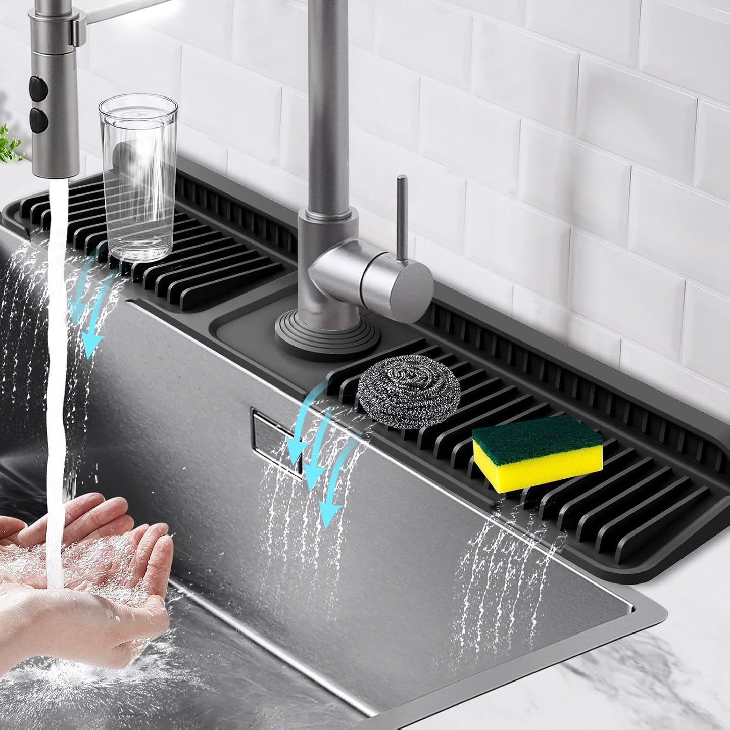 17.7-Inch Kitchen Sink Splash Guard Mat | 7° Slope for Fast Self-Draining | Snap-Lock Design | Universal & Cuttable Silicone Faucet Mat Gray