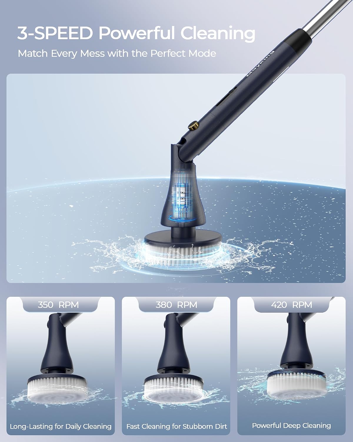 MayKing Electric Spin Scrubber with 9 Brush Heads, IPX7, Model Blue | 3-Angle & 4-Length Adjustable Cordless Power Scrubber, 3-Speed & Battery LED Display, for Bathroom, Tub, Floor & Tiles