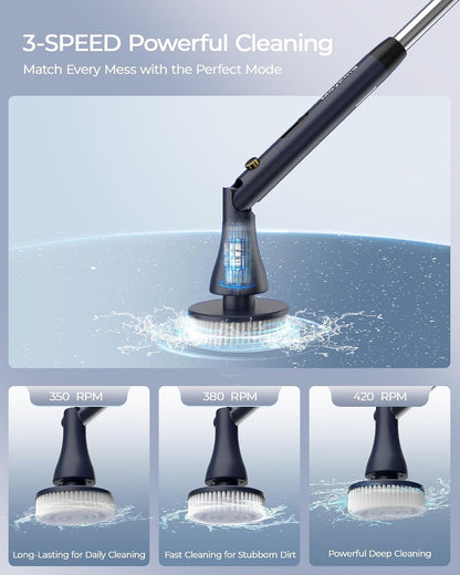 MayKing Electric Spin Scrubber with 9 Brush Heads, IPX7, Model Blue | 3-Angle & 4-Length Adjustable Cordless Power Scrubber, 3-Speed & Battery LED Display, for Bathroom, Tub, Floor & Tiles