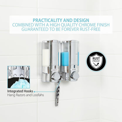 Better Living Aviva Wall Mount Shower Dispenser, 3 x 11 oz, Satin Silver | 3 Chamber, Shower Dispenser for Bathroom, Built-in Hooks, No Drill, Waterproof Dispenser Pump