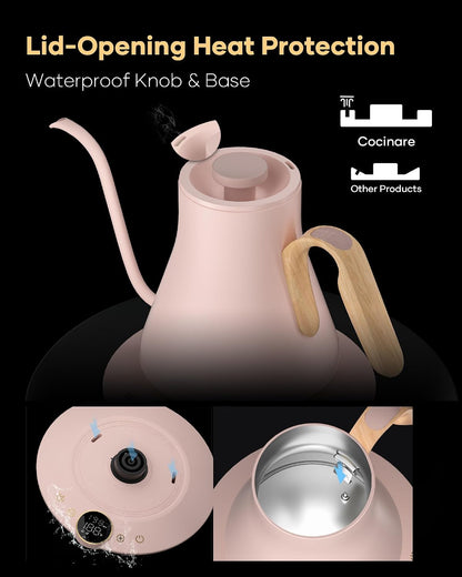 Cocinare Gooseneck Electric Kettle, ±1°F Precise Temperature Control, 1500W Fast Heating, Pour Over Coffee & Tea Kettle with Brew Timer & Keep Warm, Stainless Steel, 0.9L (Matte Black)
