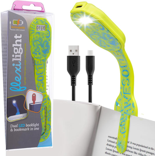 Gifts for Readers & Writers Rechargeable Book Light for Kids, Clip On Reading Light for Bed, 2in1 Flexilight Pals & Bookmark, 12 Hours of Light Once Charged, Includes USB Cable & 2 LED Lights, Dog