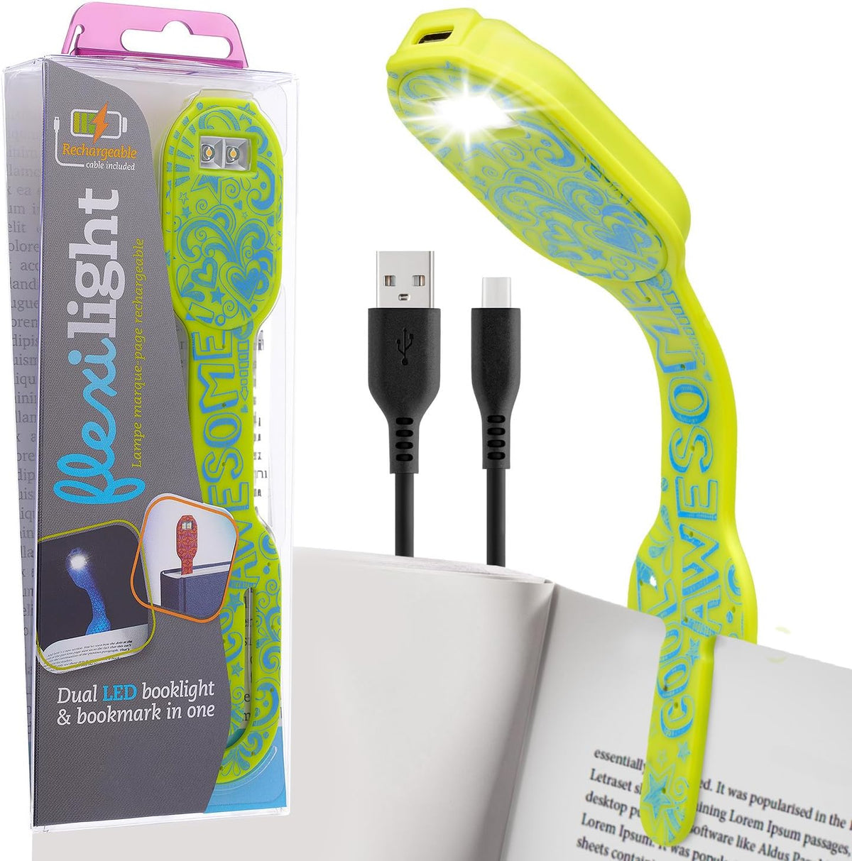 Gifts for Readers & Writers Rechargeable Book Light for Kids, Clip On Reading Light for Bed, 2in1 Flexilight Pals & Bookmark, 12 Hours of Light Once Charged, Includes USB Cable & 2 LED Lights, Dog
