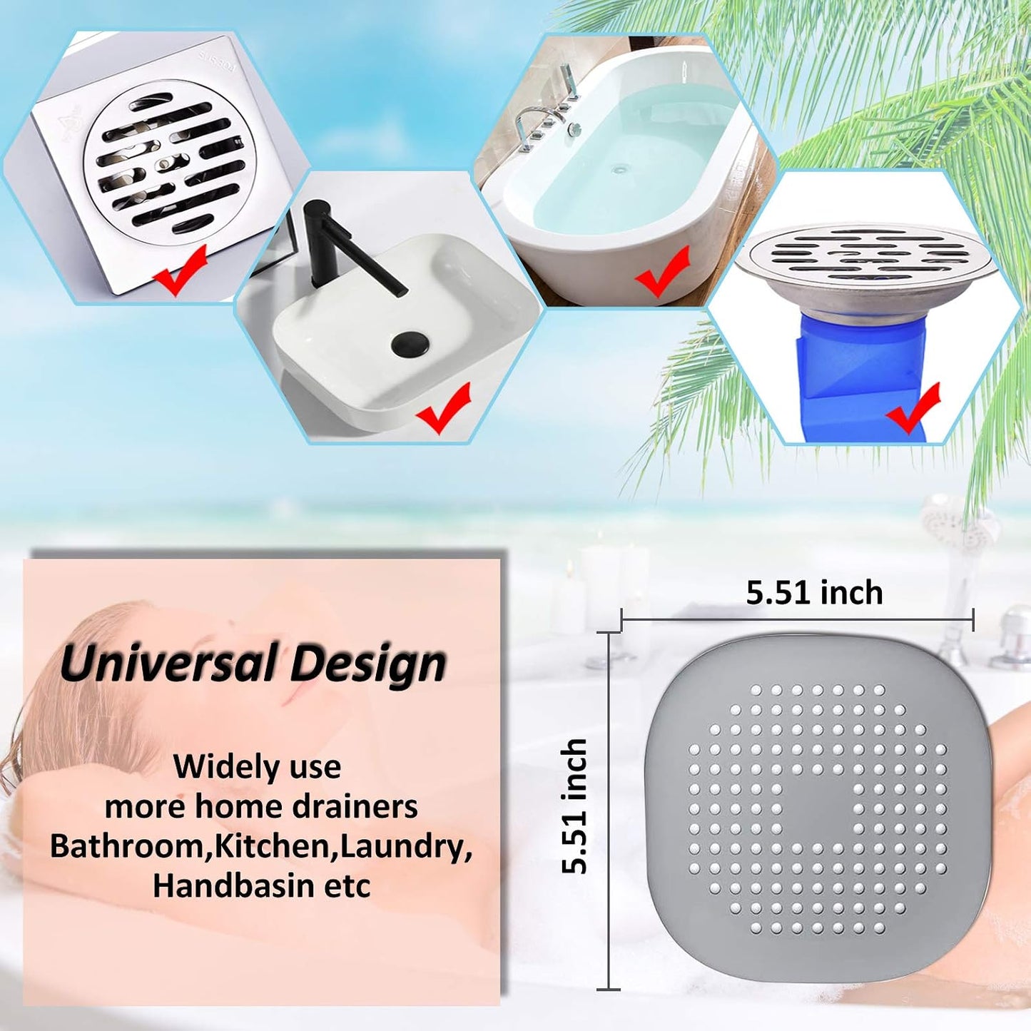 Bovinde Hair Drain Catcher,Square Cover for Shower 2 Pack (Black) | Drainer Cover Silicone Hair Stopper with Suction Cups,Protector Accessories,Easy to Install Suit for Bathroom,Bathtub,Sink