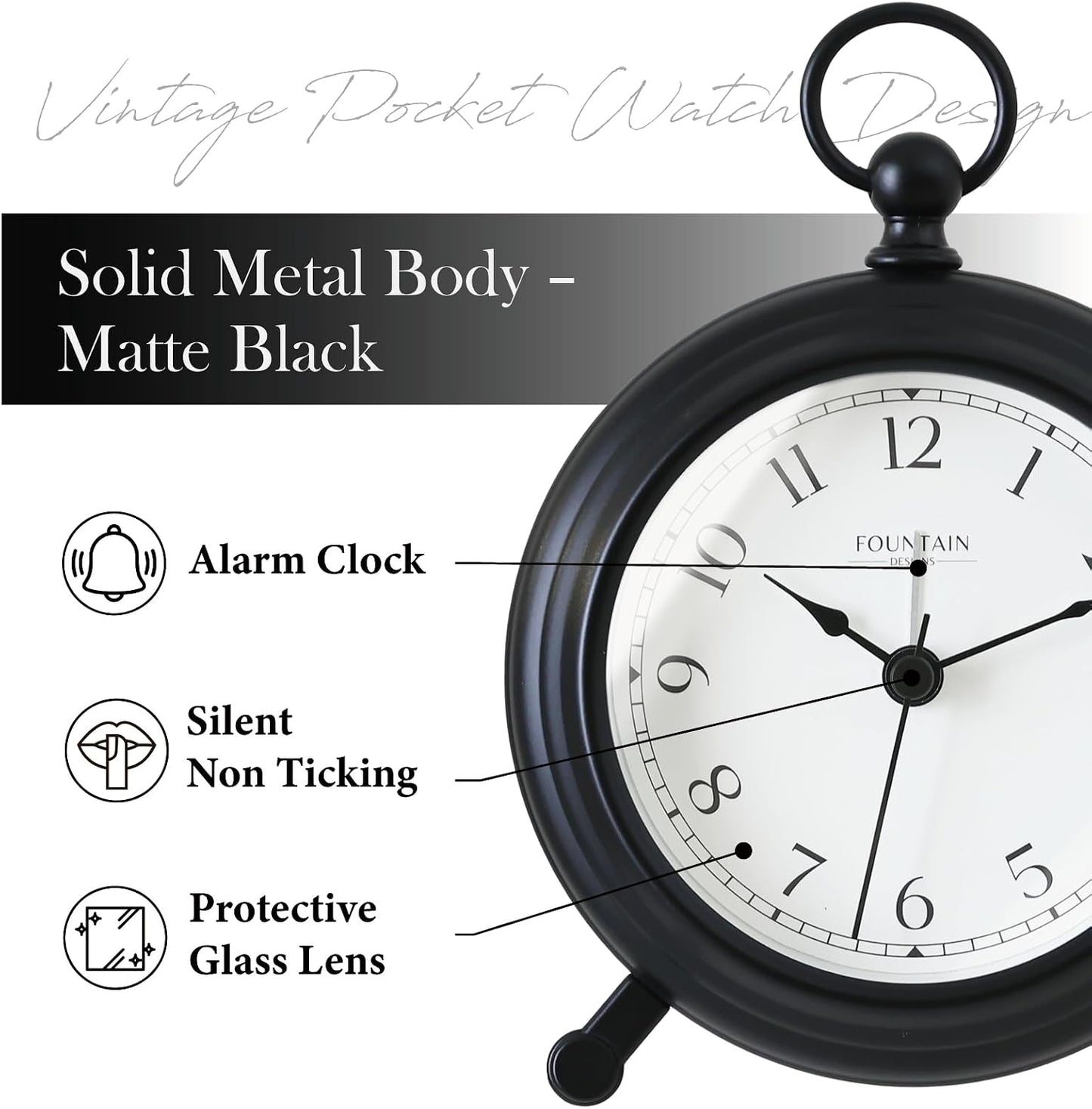 5.4" Jensen Pocket Watch Analog Alarm Clock,Morning Silver | Silent Non Ticking,Durable Metal,Loud Desk & Shelf Alarm Clocks for Bedroom,Home Office, Mantel & Living Room