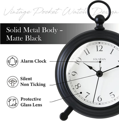 5.4" Jensen Pocket Watch Analog Alarm Clock,Morning Silver | Silent Non Ticking,Durable Metal,Loud Desk & Shelf Alarm Clocks for Bedroom,Home Office, Mantel & Living Room