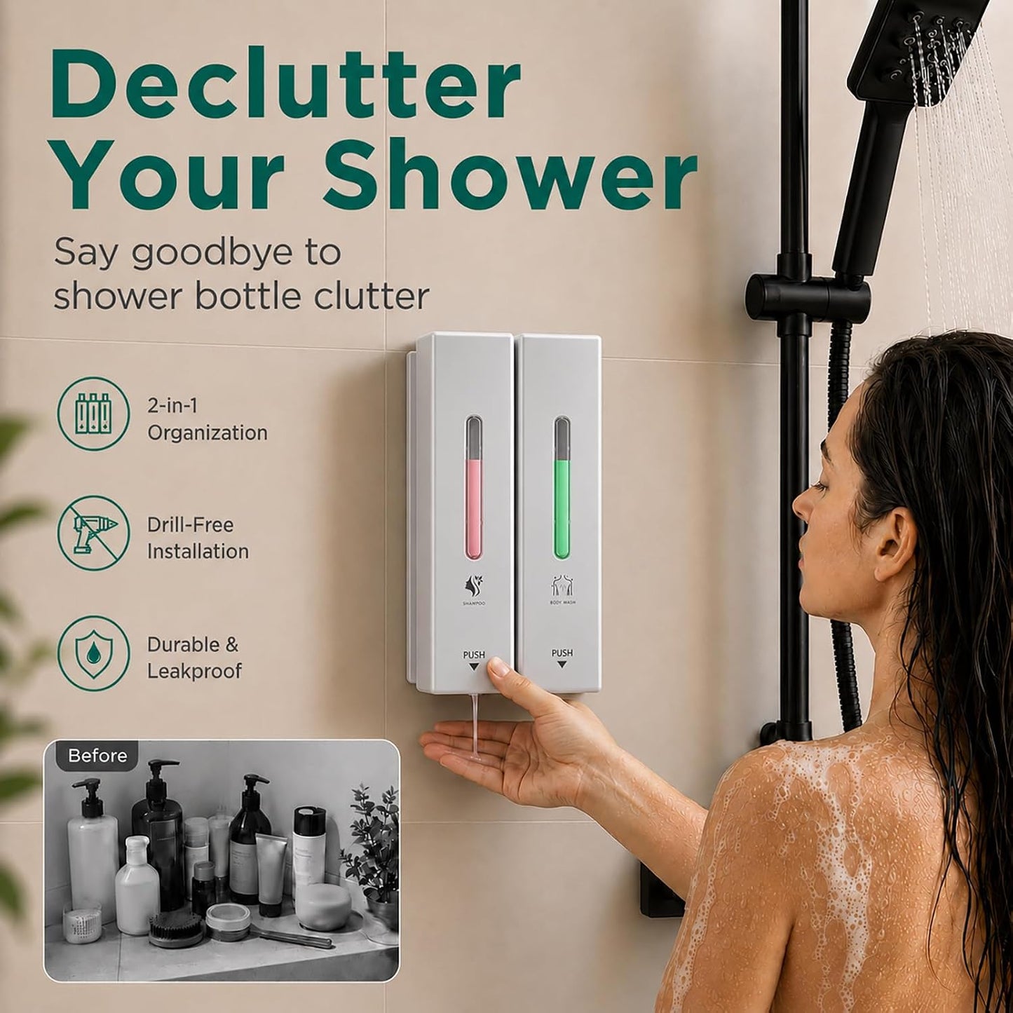 Shampoo and Conditioner Dispenser Wall Mounted, 3-Chamber Shower Soap Dispenser for Bathroom, 1200ML Large Capacity, No-Drill Installation, Clog-Free Pump for Thick Liquids (black-3-pack)